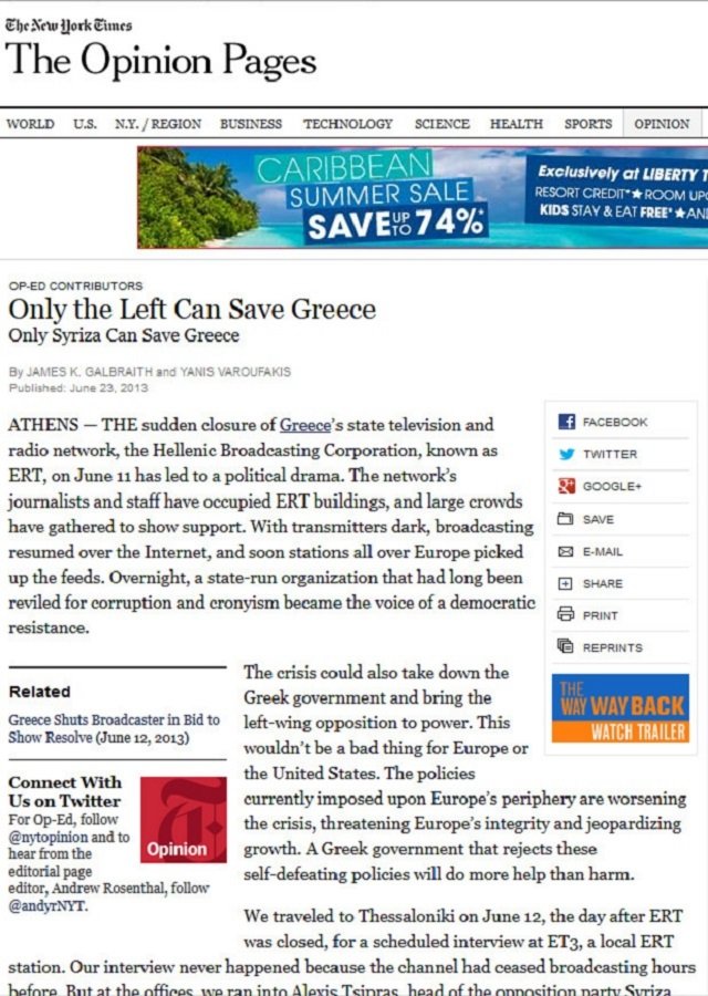 Ο Βαρουφάκης &  Γκάλμπρειθ στους NYT: Μόνο ο ΣΥΡΙΖΑ μπορεί να σώσει την Ελλάδα