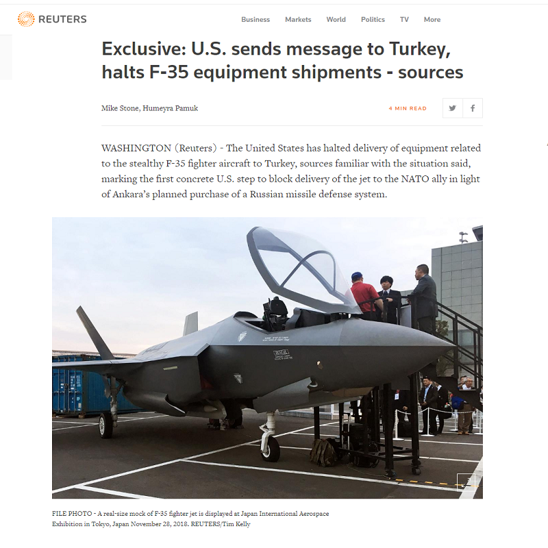 ΤΩΡΑ – ΧΑΣΤΟΥΚΙ στον Ερντογάν οι ΗΠΑ ακύρωσαν την αποστολή των F-35 μετέδωσε το Reuters πριν λίγο