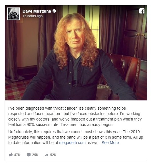Ντέιβ Μαστέιν: Διαγνώστηκε με καρκίνο στον λάρυγγα - Η ανακοίνωση για την υγεία του
