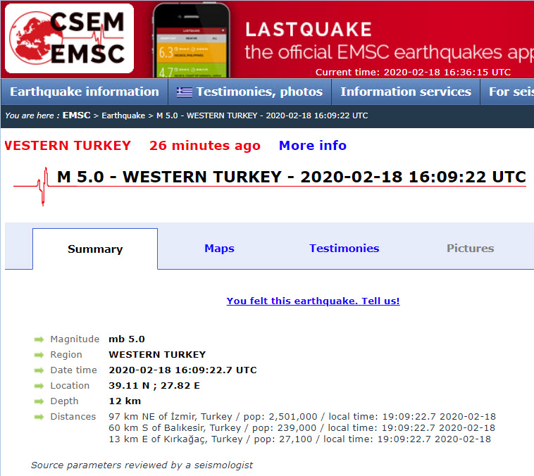 Σεισμική δόνηση στην Τουρκία έγινε αισθητή και στη Λέσβο