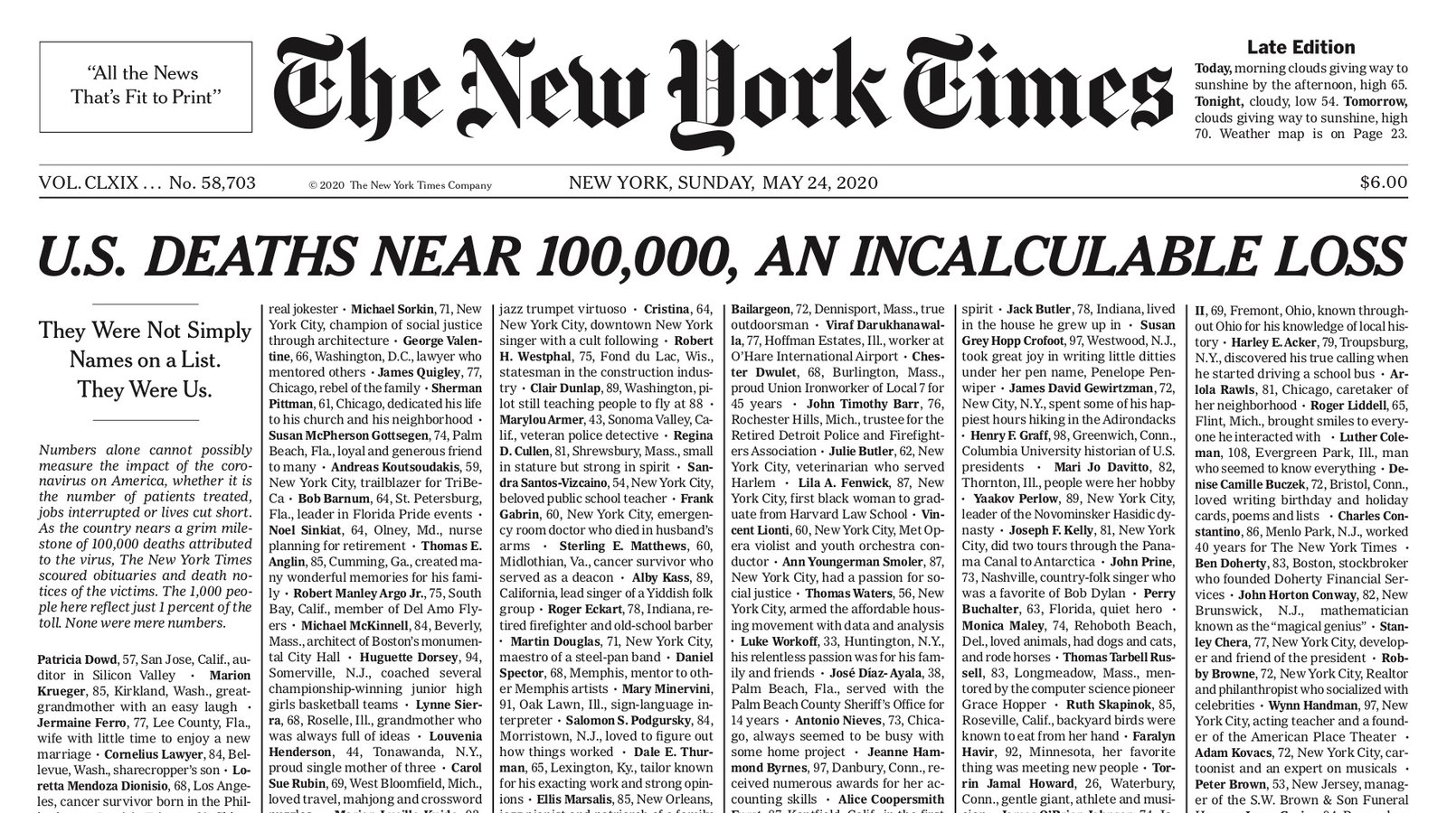 Πρωτοσέλιδο New York Times: Λίστα με τα ονόματα νεκρών για το ορόσημο των 100.000 θυμάτων από Covid-19