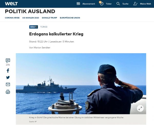 Die Welt: Ερντογάν σε στρατηγούς: «Βυθίστε ένα ελληνικό πλοίο ή καταρρίψτε ένα μαχητικό»