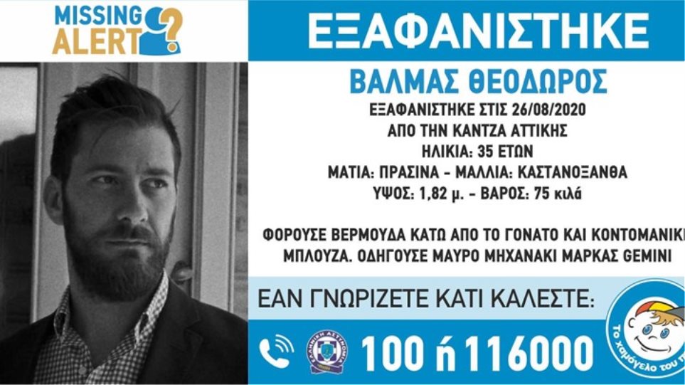 Missing Alert: Εξαφανίστηκε o 35χρονος Θεόδωρος Βαλμάς από την Κάντζα