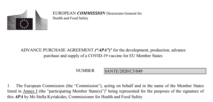Δημοσιεύθηκε το συμβόλαιο μεταξύ της Ευρωπαϊκής Ένωσης  με την AstraZeneca για το εμβόλιο κατά του κορωνοϊού