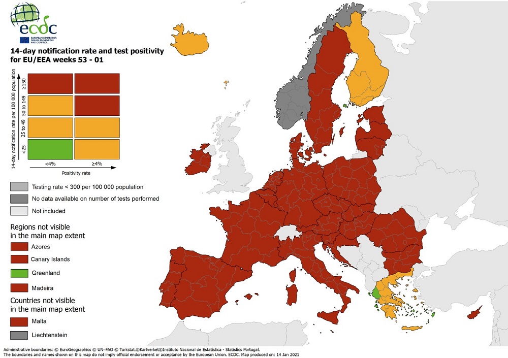 Κορωνοϊός- Χάρτης ECDC: Στην Ελλάδα οι μόνες πράσινες περιοχές της Ευρώπης