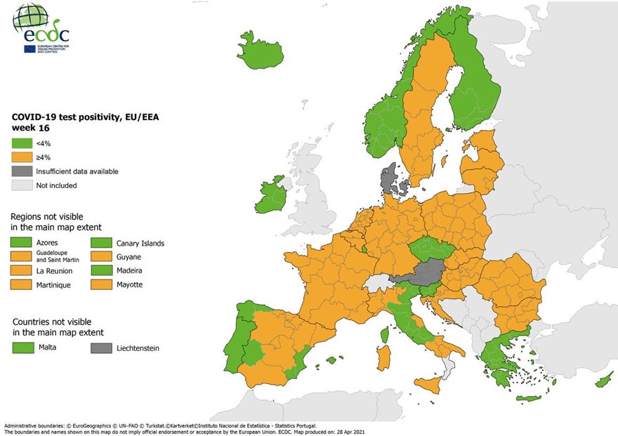 Χάρτης ECDC: Για δεύτερη εβδομάδα στο «πράσινο» η Ελλάδα στον δείκτη θετικότητας