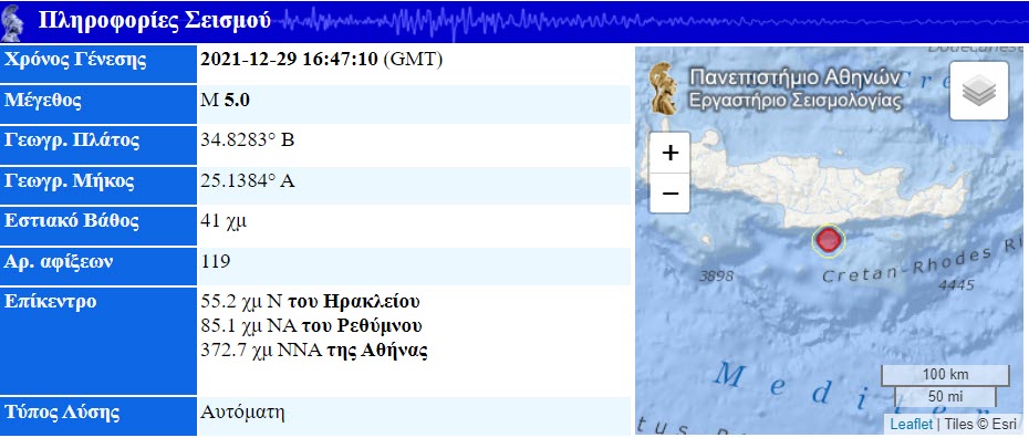 Νέος ισχυρός σεισμός 5,0 Ρίχτερ στην Κρήτη με το ίδιο επίκεντρο με τον πρωινό