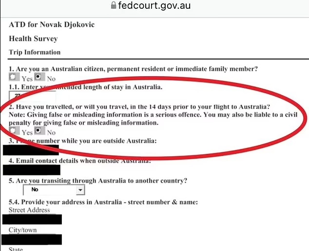 Τζόκοβιτς: Το έγγραφο που τον «καίει» [pic] Το σοβαρό ατόπημα στα ταξιδιωτικά έγγραφα του Νόβακ Τζόκοβιτς είναι το «χαρτί» στο οποίο αναμένεται να «πατήσει» ο υπουργός Μετανάστευσης της Αυστραλίας για να τον απελάσει.