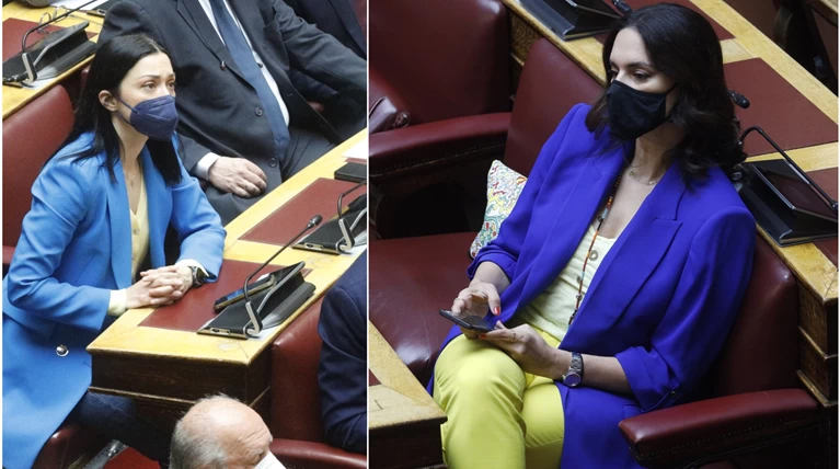 Νόνη Δούνια - Νάντια Γιαννακοπούλου: Στη Βουλή με τα χρώματα της Ουκρανίας για την ομιλία Ζελένσκι