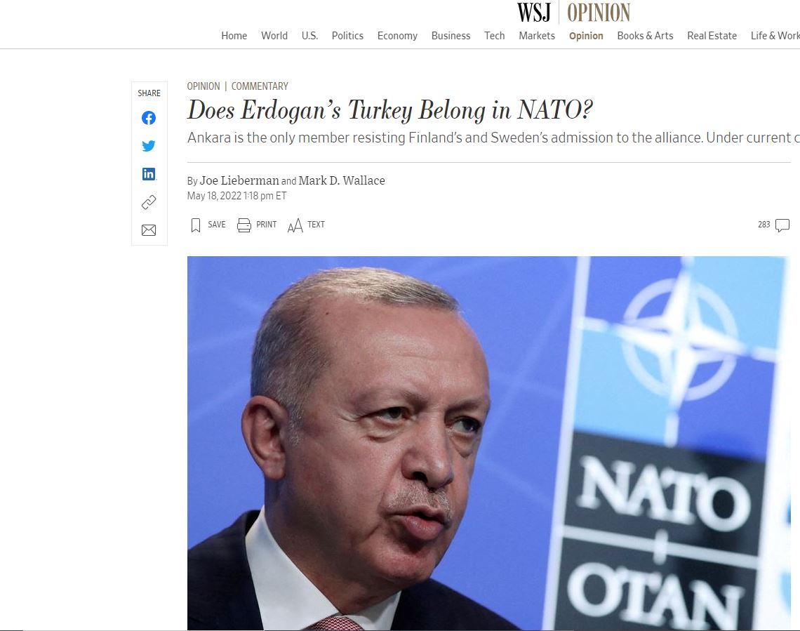 Wall Street Journal: Ανήκει στο ΝΑΤΟ η Τουρκία του Ερντογάν ;
