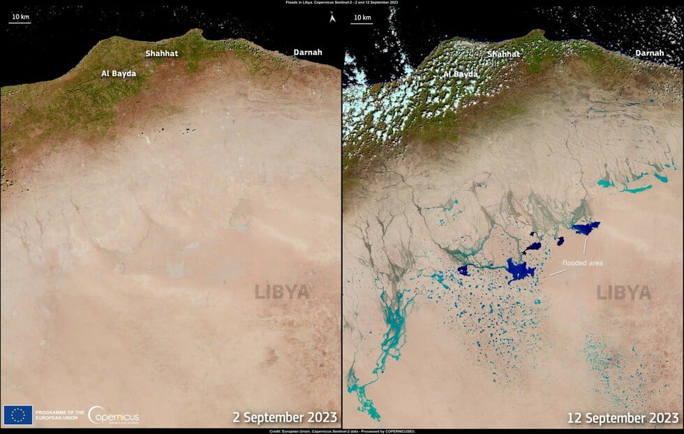 «Λίμνες» στη Σαχάρα, από την κακοκαιρία Daniel- Δορυφορική εικόνα από τη Λιβύη δείχνει το πριν και το μετά